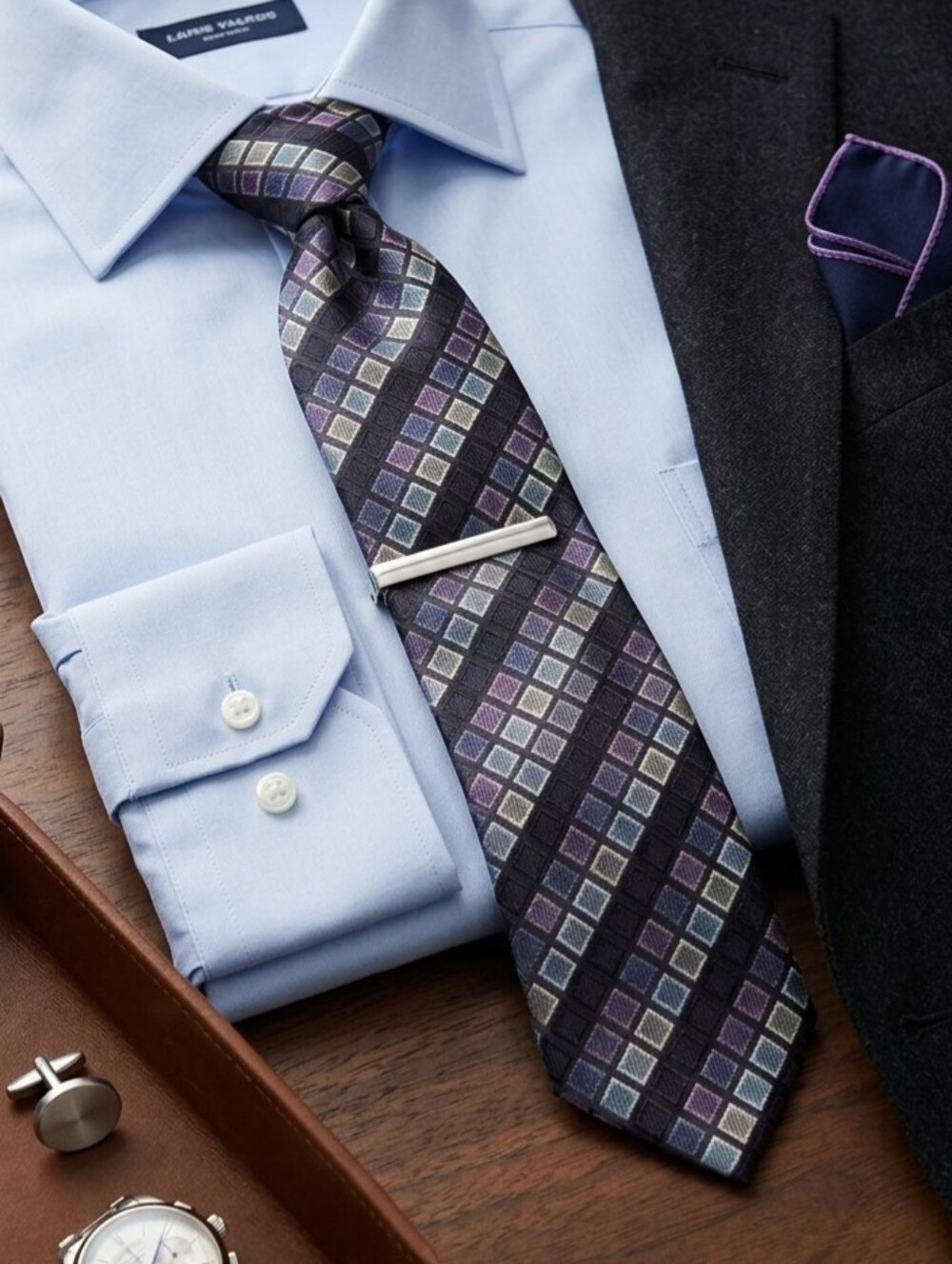 Chereskin Geometric Square Polyester Necktie Purple Black Grey
